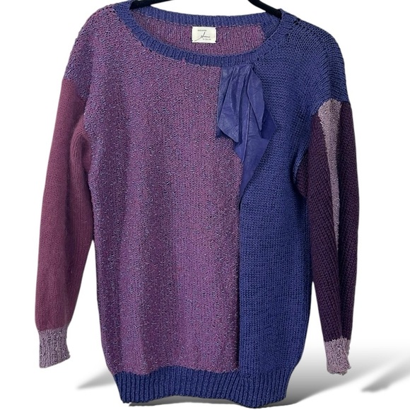 Vintage 70s 80s Hand Knit Purple Multi Media Sweater Size Medium 3D Nubby - Picture 1 of 7